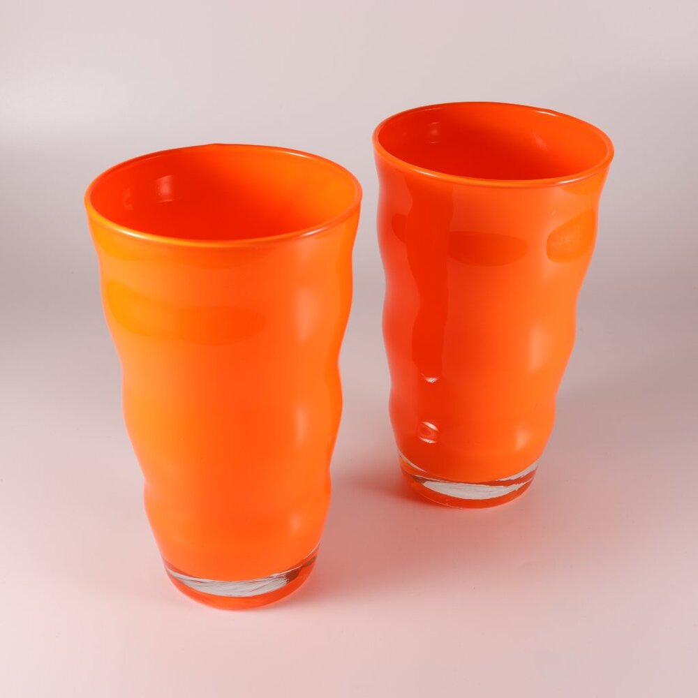 Rio by Dansk Flat Tumblers Orange Wavy Ripple Blown Glass 16 oz Set of Two